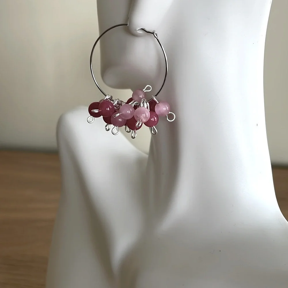 HAND CRAFTED CHA-CHA HOOP EARRINGS Magenta Pink Bonbon Bubble Cluster Wires